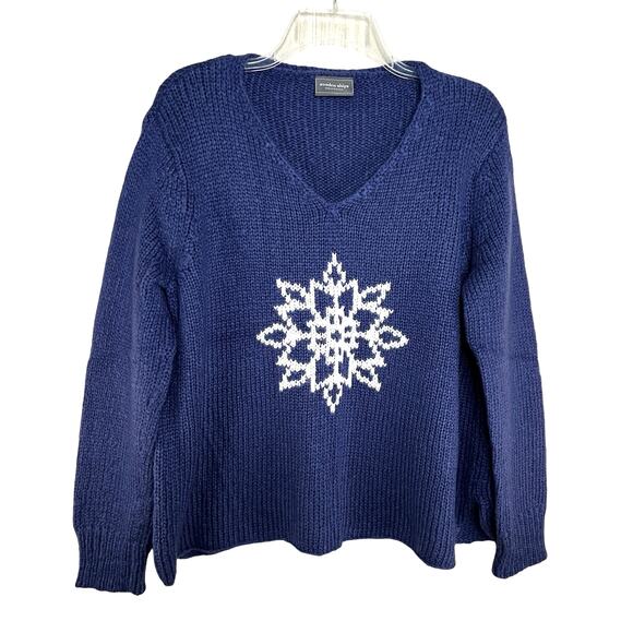 Wooden Ships Sweaters - Wooden Ships V-Neck Snowflake Sweater Size S M Blue Mohair Wool Blend